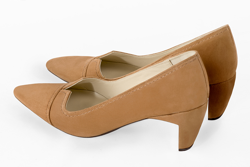 Camel beige women's dress pumps,with a square neckline. Tapered toe. Medium comma heels. Rear view - Florence KOOIJMAN